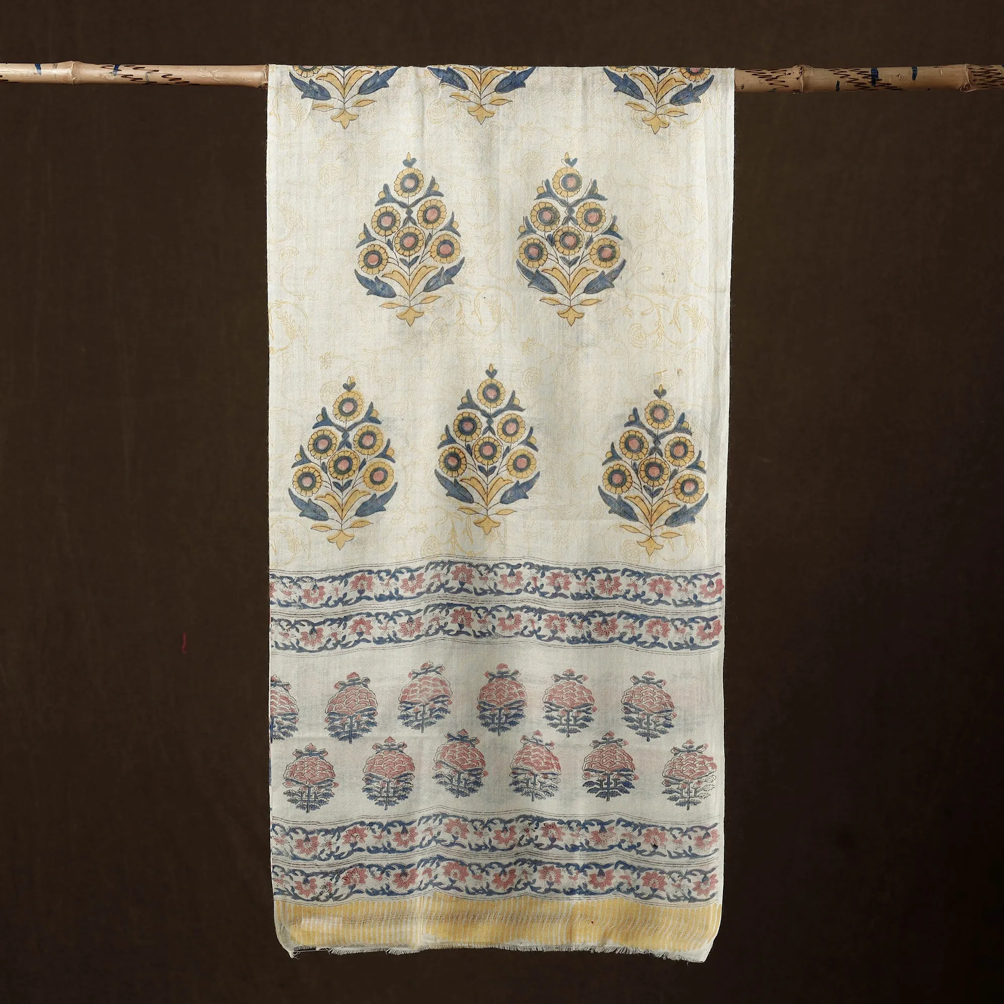 White - Pure Wool Sanganeri Hand Block Printed Stole