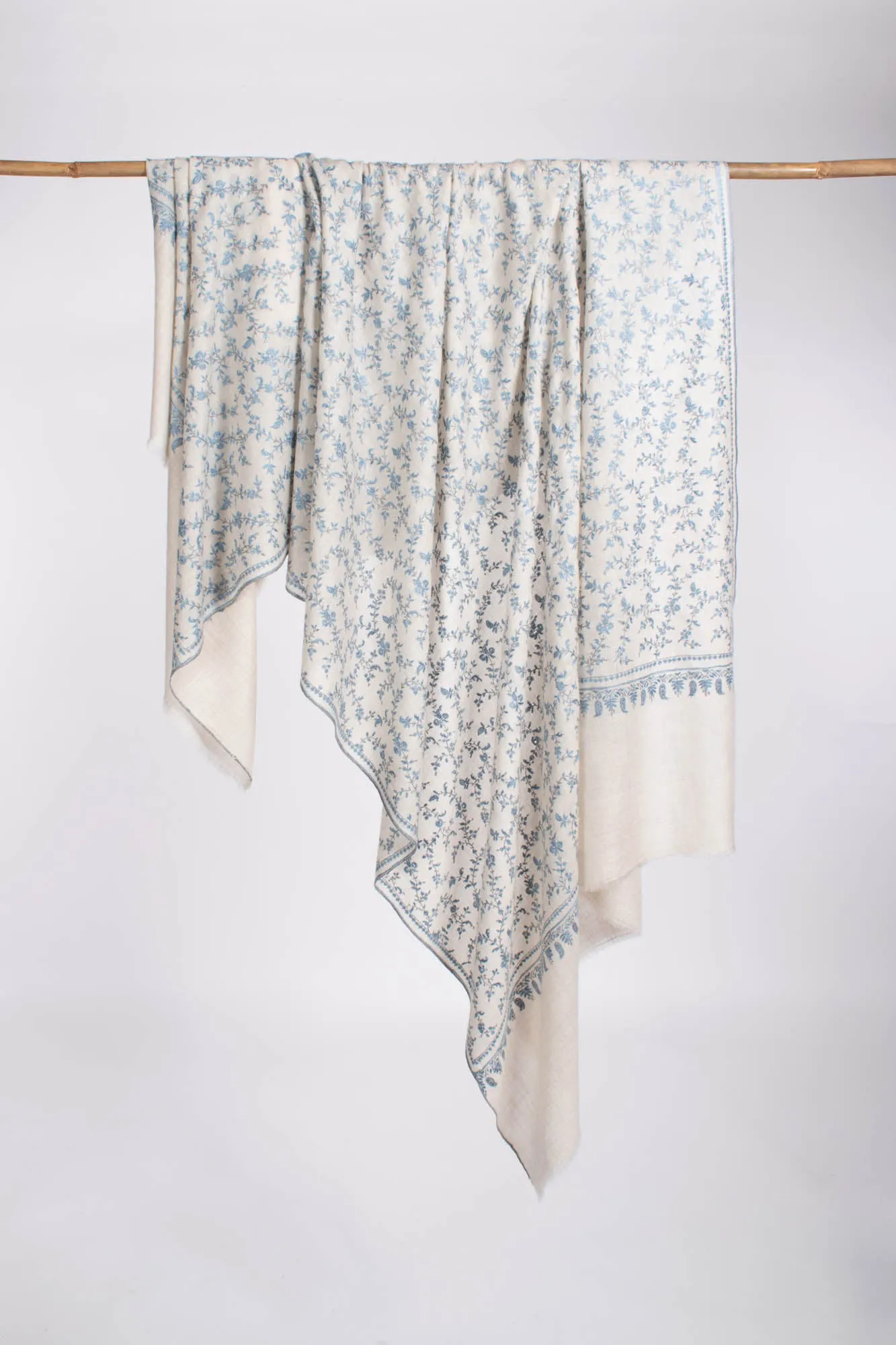 White with Blue Hand Embroidered Pashmina Shawl - VALDEZ