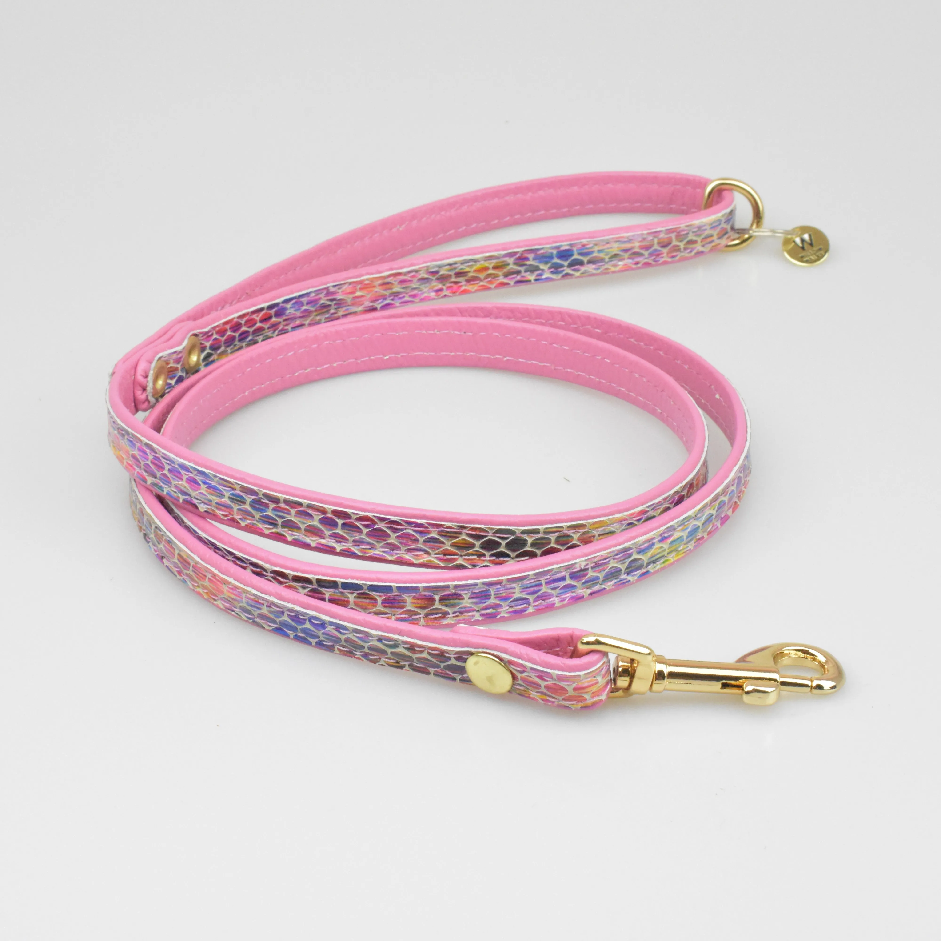 Willow Walks double sided soft leather lead in multi snake and hot pink