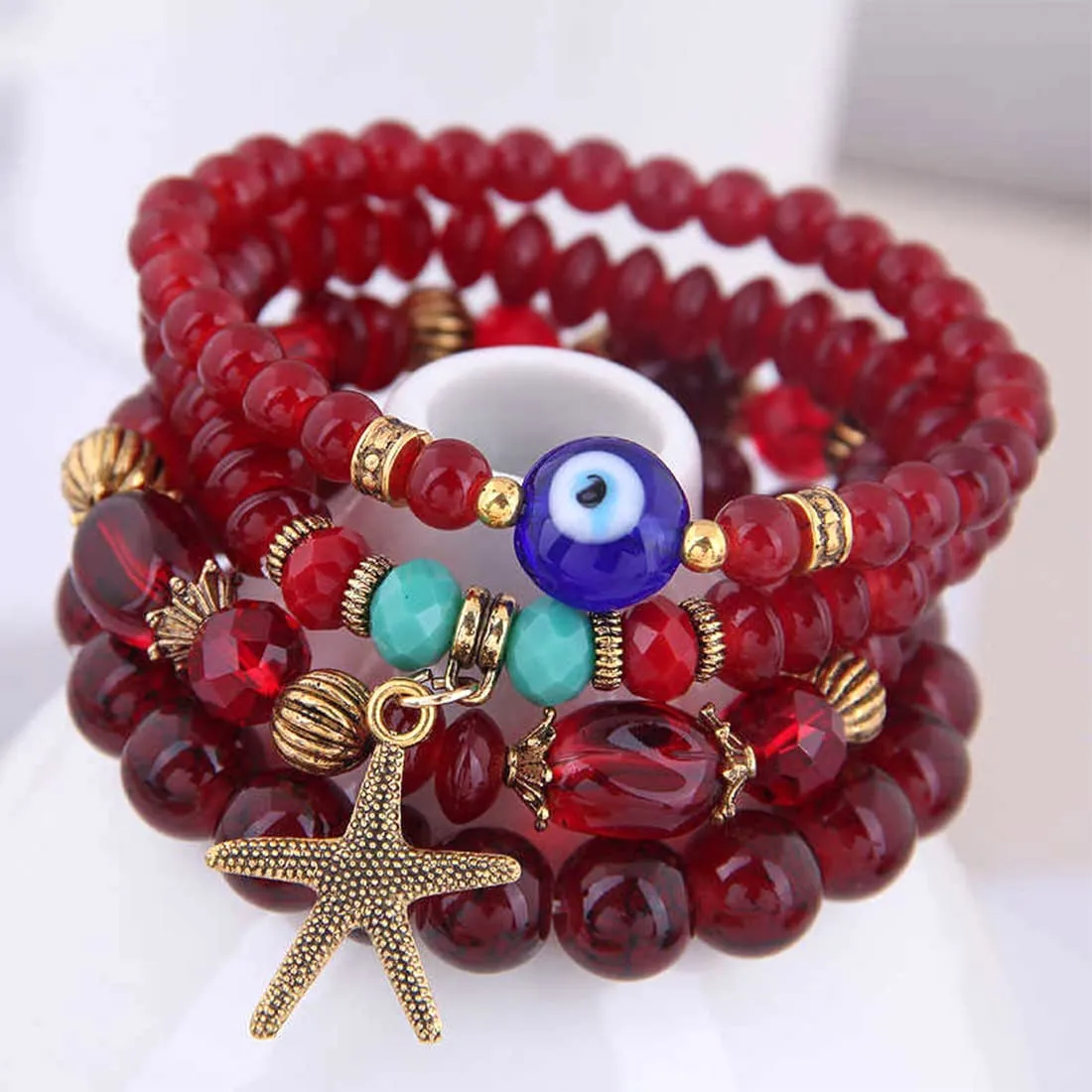 Yellow Chimes Bracelet for Women and Girls Evil Eye Nazariya Bracelets for Women | 4 Pcs Red Beads Layered Bracelet | Birthday Gift For girls and women Anniversary Gift for Wife