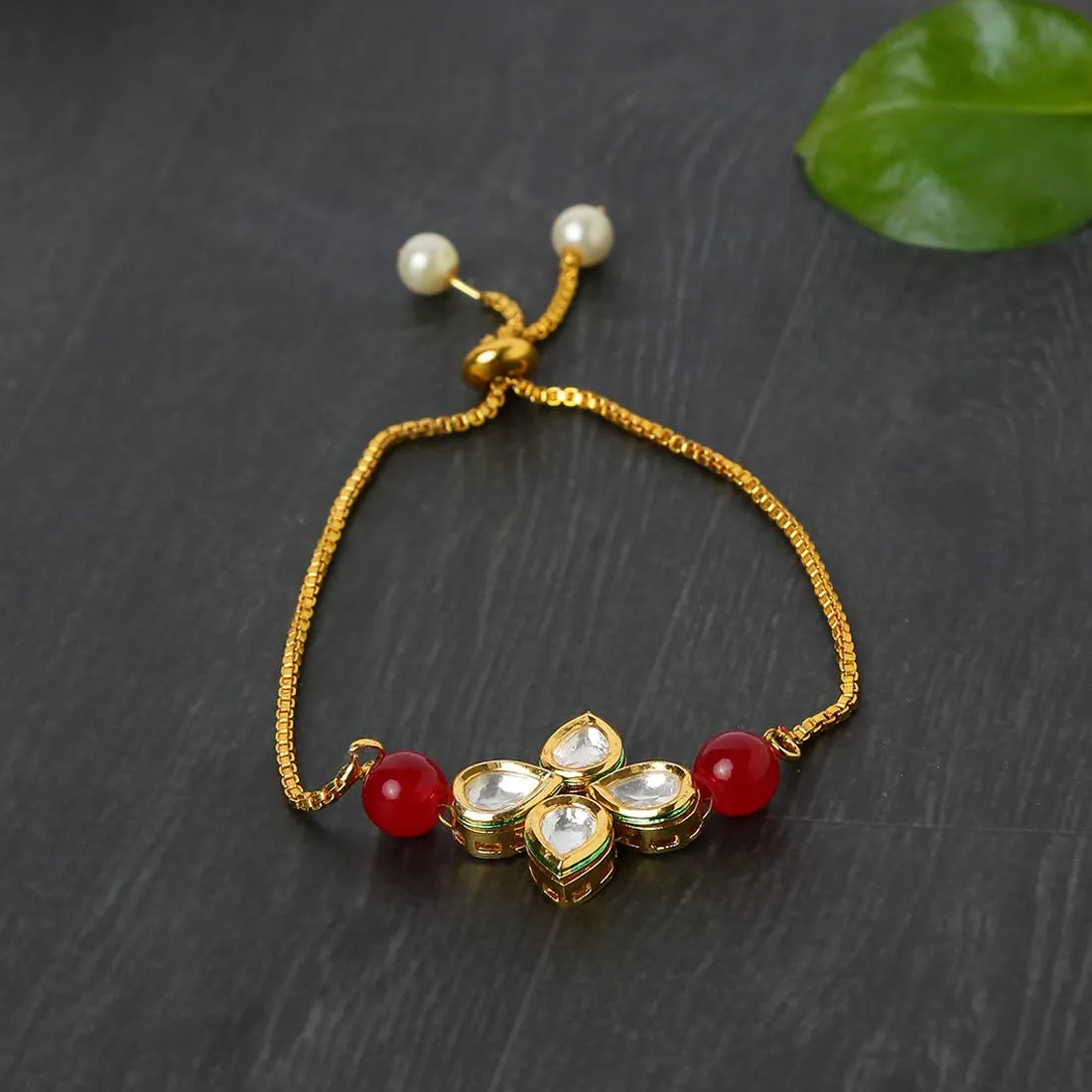 Yellow Chimes Ethnic Floral Design Gold Plated Handmade Kundan Studded Bandhani Work Bracelet for Women & Girls