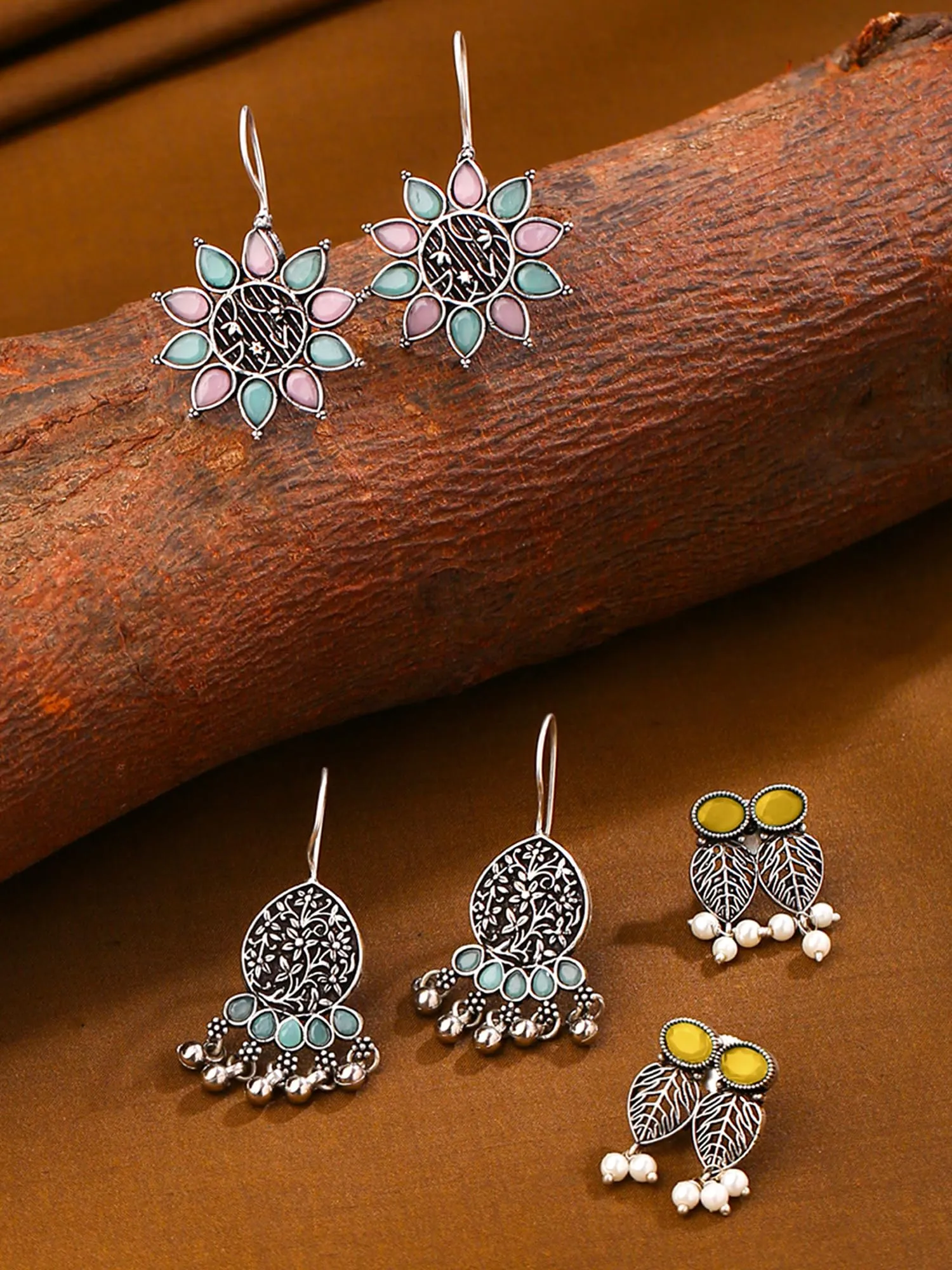 Yellow Chimes Silver Oxidised Earrings for Women & Girls | Traditional Oxidised Silver Drop Earrings Combo of 3 Pairs Monalisa Stone Studded Earrings | Birthday Anniversary Gift for Wife Women