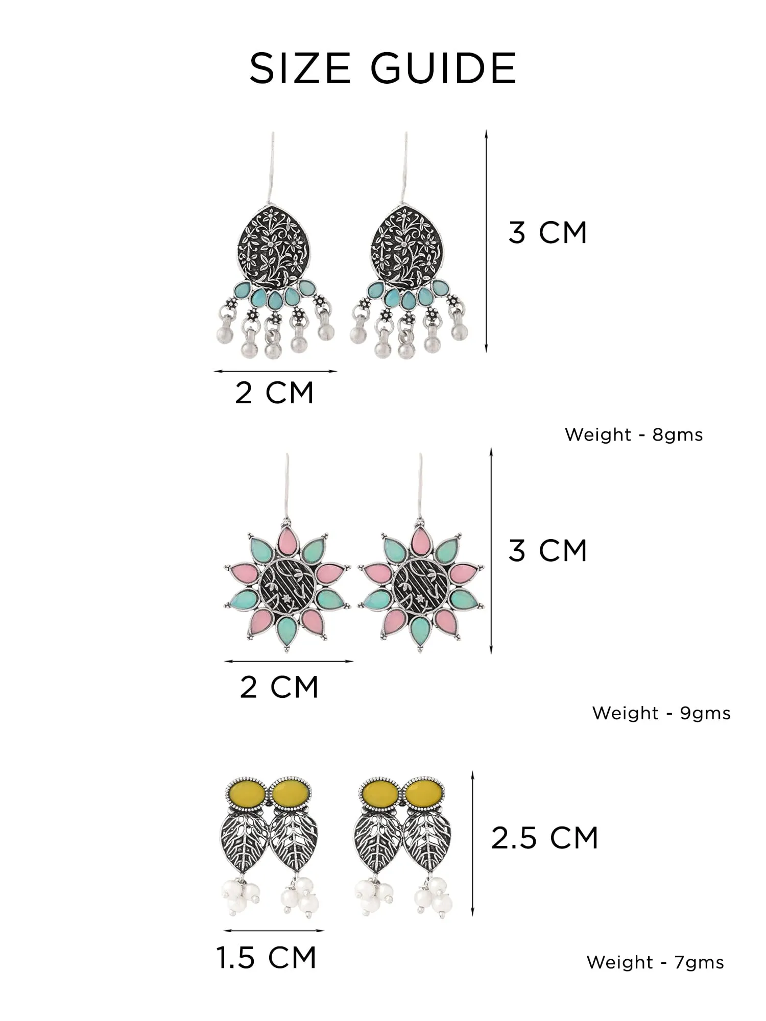 Yellow Chimes Silver Oxidised Earrings for Women & Girls | Traditional Oxidised Silver Drop Earrings Combo of 3 Pairs Monalisa Stone Studded Earrings | Birthday Anniversary Gift for Wife Women