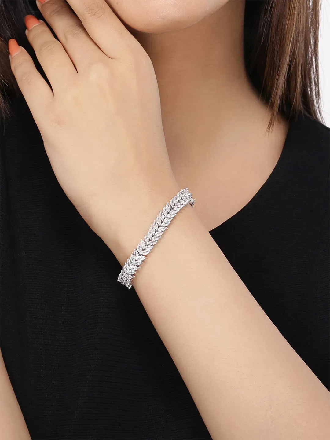 Yellow Chimes Women's Fashion Leaf Shaped Silver Tone White Swiss Zircon Crystal Bracelets