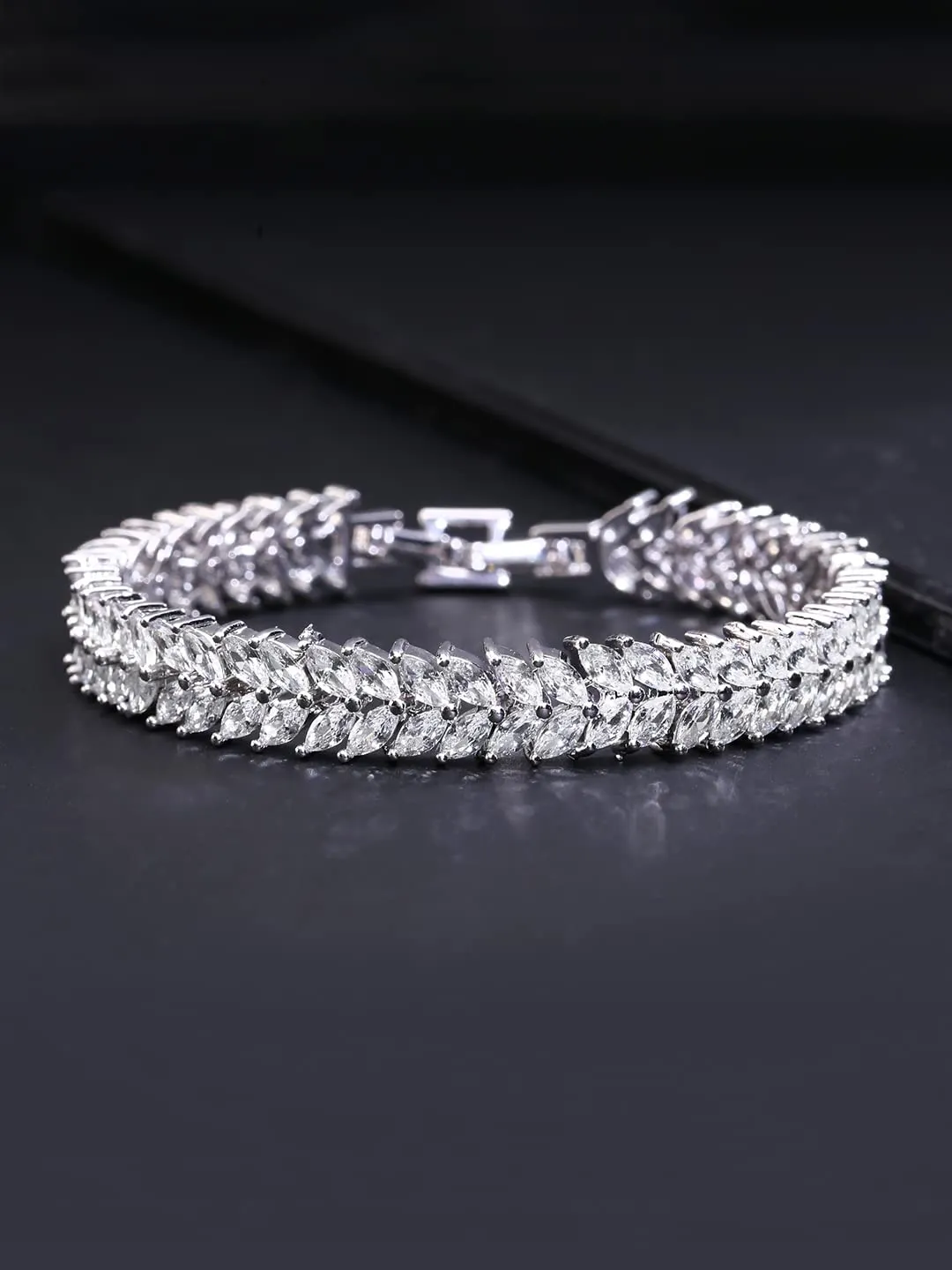 Yellow Chimes Women's Fashion Leaf Shaped Silver Tone White Swiss Zircon Crystal Bracelets