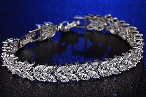 Yellow Chimes Women's Fashion Leaf Shaped Silver Tone White Swiss Zircon Crystal Bracelets