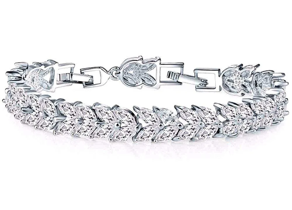 Yellow Chimes Women's Fashion Leaf Shaped Silver Tone White Swiss Zircon Crystal Bracelets